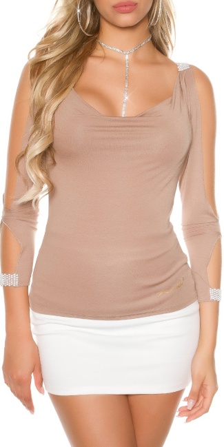 longsleeve with open sleeves and rhinestones Cappuccino